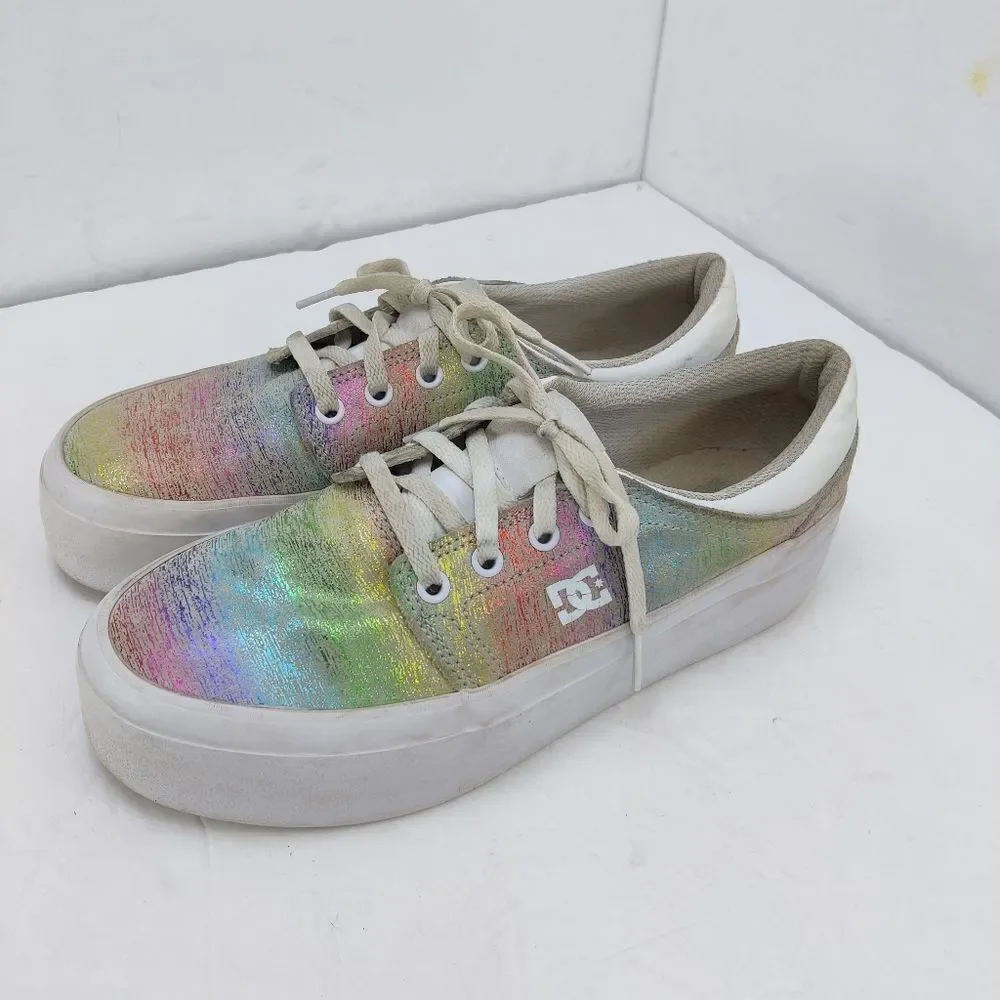 DC Platform Leather Sneaker Skate Shoe Iridescent Rainbow White Sz 8 Women Trase